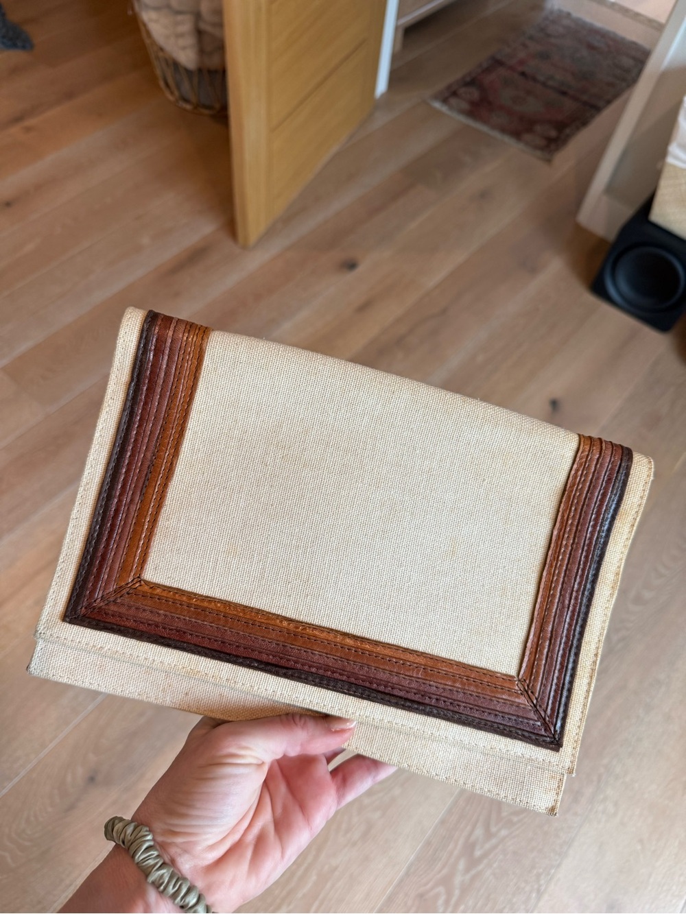 Vintage Barbara Bolan canvas and leather clutch